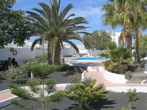 a garden with palm trees and a swimming pool at Apartamento Los Fragosos in Puerto del Carmen