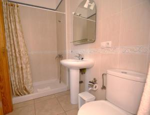 a bathroom with a toilet and a sink and a shower at Apartamentos Andrea in Calera