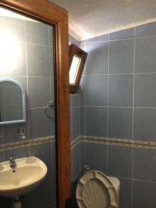 a bathroom with a toilet and a sink and a mirror at Дървени къщички - Лион in Sinemorets