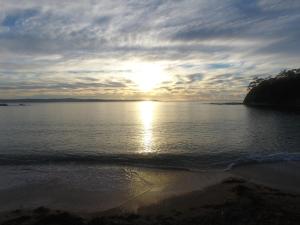 a sunset on the beach with the sun setting at Pleasurelea Tourist Resort & Caravan Park in Batemans Bay