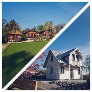 a collage of a house and a house at Domek Skowronek in Szczytna