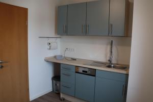 a kitchen with blue cabinets and a sink at FeWo Lollar - wohnen auf Zeit in Lollar