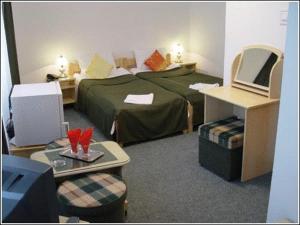 a hotel room with a bed and a table and chairs at Vila Casa Alesiv in Cluj-Napoca +15 photos