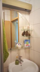 La salle de bains est pourvue d'un lavabo et d'un miroir. dans l'établissement Cozy&Comfy Apartment in the Center of Prishtina, à Pristina