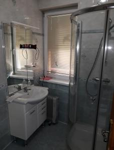 a bathroom with a sink and a shower at Kenézy Lux Apartman Vendégház in Hajdúszoboszló