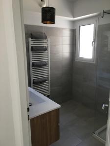 La salle de bains est pourvue d'une douche, d'un lavabo et d'une fenêtre. dans l'établissement Charmant T2 Hauteurs de Bastia, à Bastia