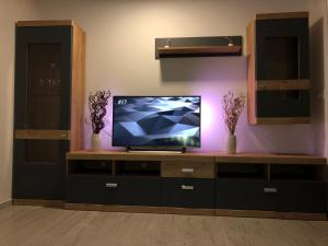 a flat screen tv sitting on top of a wooden entertainment center at Apartmans and rooms ''Slavica'' in Novalja