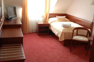 Schlafzimmer mit einem Bett, einem TV und einem Stuhl in der Unterkunft Komorni Hurka in Cheb