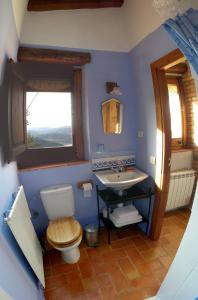 a blue bathroom with a toilet and a sink at Mas del Salin in Cornudella