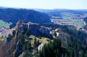 a castle on top of a mountain with trees at Azureva Métabief in Métabief