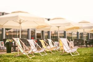 a row of chairs and umbrellas in the grass at Novotel Wrocław City in Wrocław