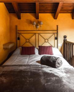 1 cama grande con 2 almohadas rojas. en Acogedor Refugio en la Vall d'Incles, en Incles