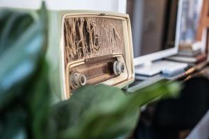 una vieja radio sentada en un escritorio junto a una planta en Downtown Residence by Apartments2Enjoy, en Oporto