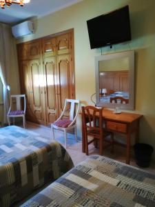 a bedroom with a bed and a desk and a television at Hostal Brunete in Brunete