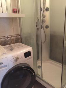 a washing machine in a bathroom with a shower at Lattino pietura in Rīga