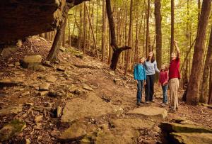 a family standing on a trail in the woods at Cumberland Falls State Resort Park in Honeybee