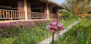 a garden with flowers in front of a house at Ocean Lodge Resort in Cap Skirring