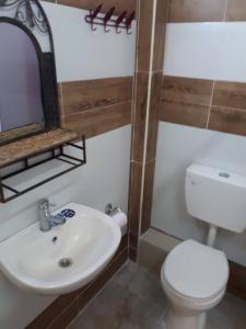 a bathroom with a sink and a toilet and a mirror at Cana Wedding Guest House in Kafr Kannā