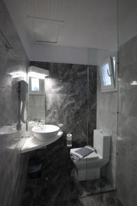 ein Badezimmer mit einem Waschbecken, einem WC und einem Spiegel in der Unterkunft Bella Vista in Batsi