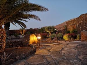 ogród z palmą i kamienną ścieżką w obiekcie Finca Antigua w mieście Las Breñas
