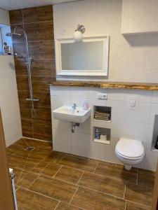uma casa de banho com um WC, um lavatório e um chuveiro em Gemütliche Heide-Ferienwohnung em Soltau