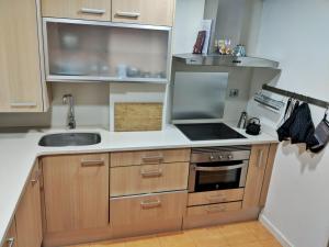 a small kitchen with a sink and a stove at Dos Torres Puerta del Carmen - Moderno y Espacioso en el Centro in Zaragoza