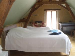 a bedroom with a white bed in a attic at Le Moulin de Monternault in Montreuil-le-Henri