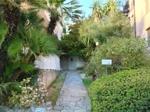 a walkway leading up to a building with palm trees at Casa Corallo Vicino alle Spiagge in Sanremo