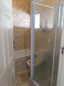 a bathroom with a toilet and a glass shower door at Unit 19 Villa Mia Apartment in St Lucia
