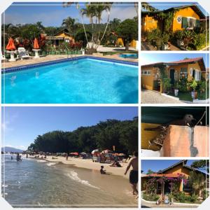un collage de fotos de una playa y una piscina en Chalés Villa Bella, en Florianópolis