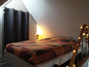1 dormitorio con 1 cama con cortina negra en STUDIO ANSYLIA, en Lantic