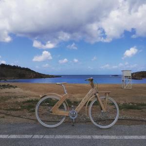 una bicicleta estacionada al lado de una carretera cerca del océano en Villa Georgia Apartments & Suites, en Kalamaki
