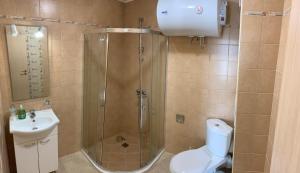uma casa de banho com um chuveiro, um WC e um lavatório. em Sozopoli Hills Apartments em Sozopol