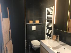 グランカン・メジーにあるLe Cocon d Agatheのトイレ、洗面台、鏡のあるバスルーム +15枚の写真