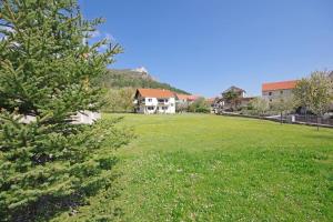 a large yard with a christmas tree in the foreground at Lovely countryside Apartment Dolac - Valley, Vrlika in Vrlika