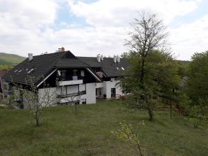 a house with a black roof on a hill at Rooms IVKA in Plitvička Jezera