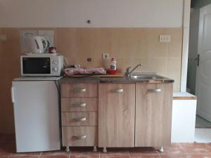 a kitchen with a microwave and a sink at Guest House Olga in Budva