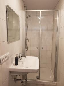 ein weißes Badezimmer mit Dusche und Waschbecken in der Unterkunft Ferien in Neuffen - Ferienwohnung Plaue in Neuffen + 9 Fotos