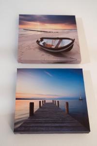 two pictures of a pier and a boat on the beach at Theaktis Homes in Kaloi Limenes