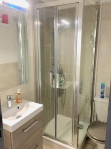 a shower with a glass door next to a sink at Charmante maison au coeur de la pinède Classée 3 étoiles in Lacanau