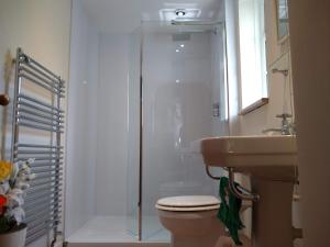 a bathroom with a shower and a toilet and a sink at Worfield in Hereford