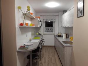 a small kitchen with a counter and a table with chairs at Agroturystyka Stokrotka in Kroczyce