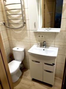 een badkamer met een toilet, een wastafel en een spiegel bij Little Paris Apartment in Tsjernivsi