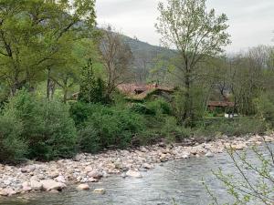 a river with rocks and a house in the background at Remanso del río Saja in Renedo