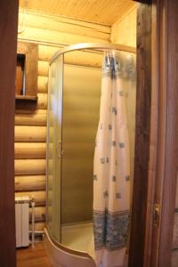 a shower in a bathroom with a shower curtain at Velikoe Ozero - Valday in Simanikha