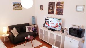 a living room with a couch and a tv at Violet Red Yellow Apartments in Korčula