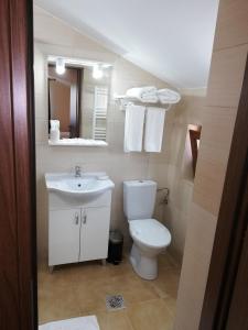 a bathroom with a toilet and a sink and a mirror at Casa Daomi in Deva +81 photos