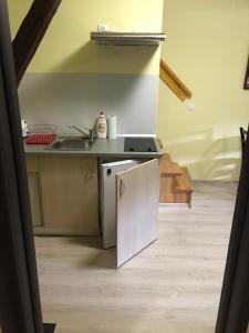 una pequeña cocina con fregadero y nevera. en Casa Mots, en Sibiu