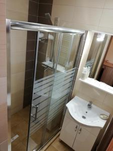 a bathroom with a shower and a sink at Casa Daomi in Deva