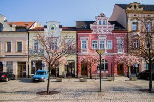 uma rua da cidade com árvores em frente aos edifícios em APART U LVA em Vsetín